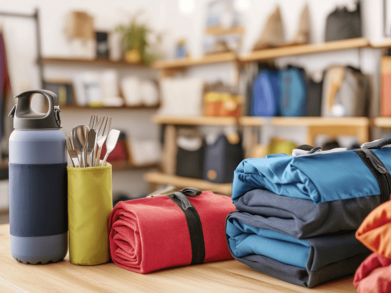 Various camping supplies, including bottles and rolled blankets, are neatly arranged for display