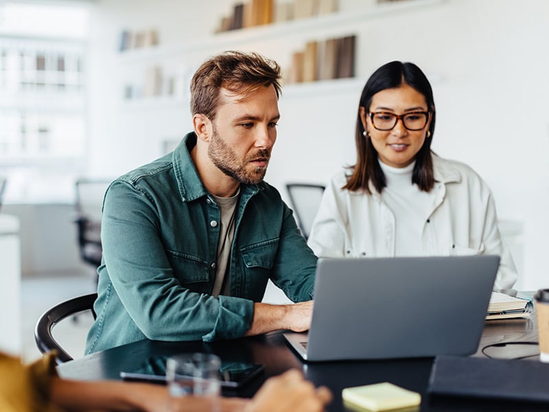 Employees collaborating on a computer