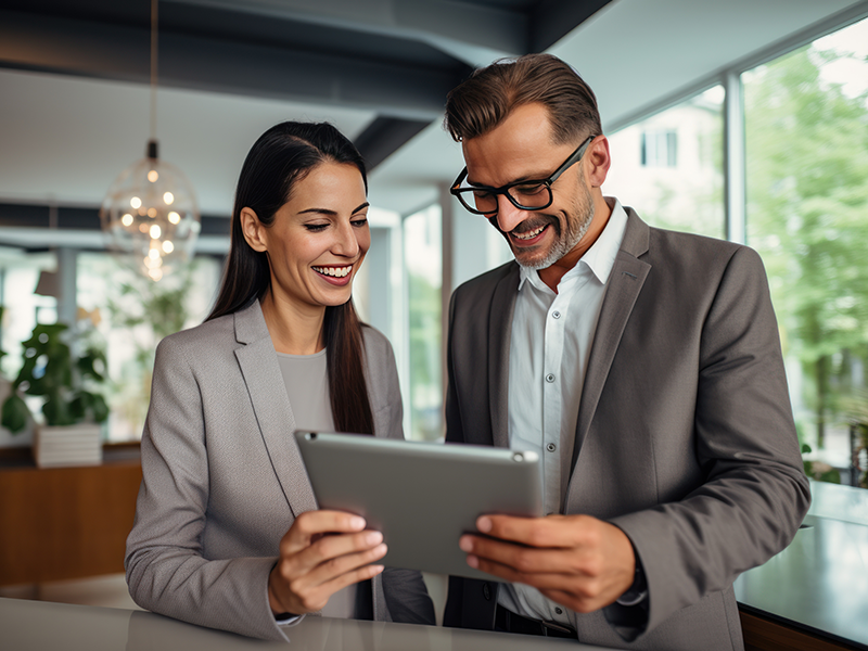 Two happy professional business people team woman and man workers working using digital tablet tech discussing financial market data standing at corporate office meeting