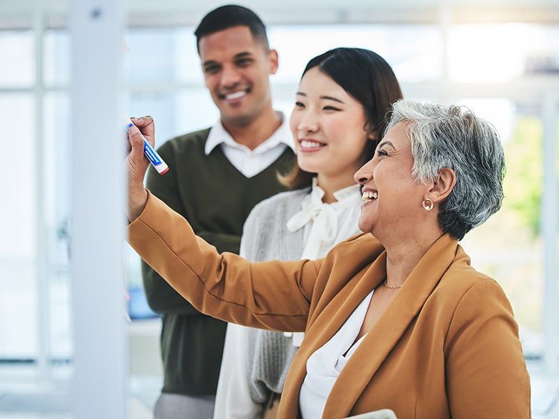 Team of employees collaborating on a whiteboard during a meeting