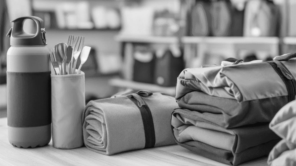 Various camping supplies, including bottles and rolled blankets, are neatly arranged for display