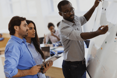 Man drawing on a whiteboard with two others watching