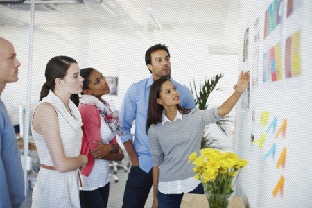 Corporate team huddled around a whiteboard 